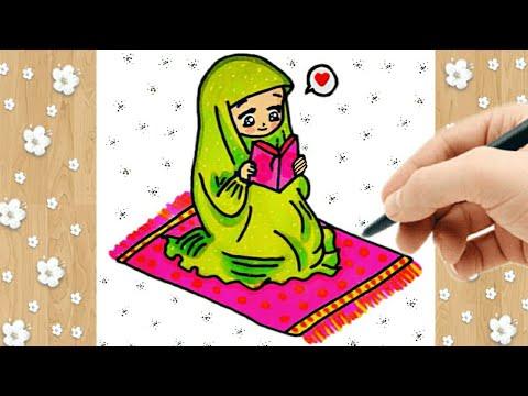 رسم سهل رسم بنت تقرأ القرآن الكريم في أجواء رمضانية رسم بنت محجبة 