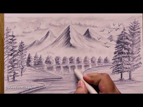 كيفية رسم الجبال منظر طبيعي اشجار رسم من الخيال سهل 