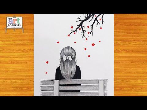 تعليم الرسم رسم بنت من الخلف تجلس بجوار شجرة بالقلم الرصاص للمبتدئين رسم بنات Drawing Girl 