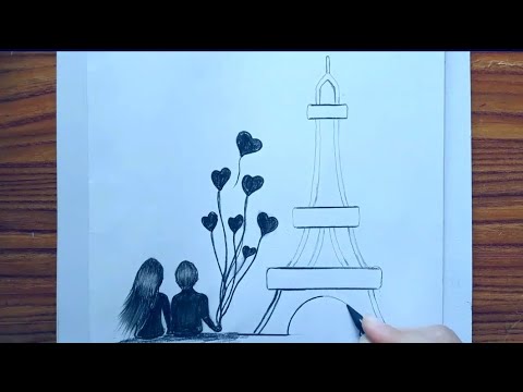 رسم بقلم الرصاص كيفية رسم برج إيفل مع عروسه وعريس بطريقة سهلة جدا 