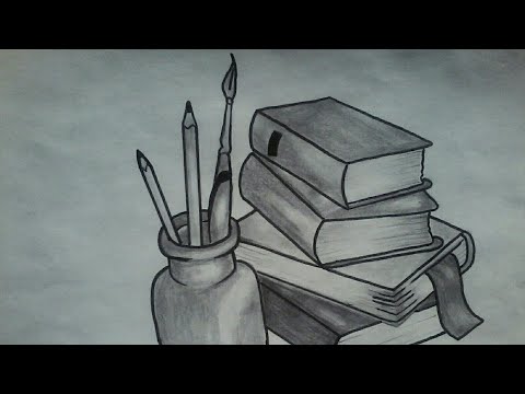 رسم كتب وحاملة أقلام رسم بقلم الرصاص للمبتدئين 