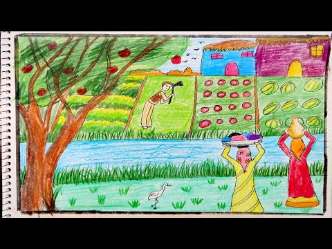 رسم للريف المصري والفلاح بفاس وقناة. رسم سهل بالخطوات والتفاصيل للمبتدئين. رسم الريف 