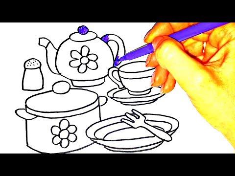 تعليم الرسم للاطفال كيفية رسم ادوات المطبخ للاطفالkitchen Set Drawing 