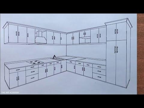 طريقة رسم مطبخ في منظور بنقطتين تعليم الرسم للمبتدئين 