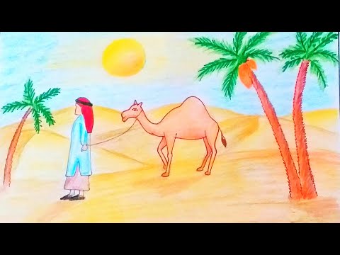 رسم منظر طبيعي جميل تعلم رسم جمل في صحراء خطوة بخطوة How To Draw Scenery Of Desert Step By Step 