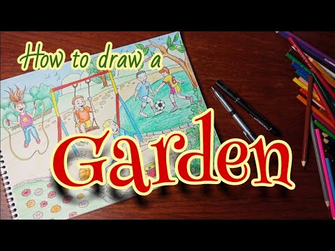 رسم موضوع عن العيد نزهة في الحديقة الملاهي أطفال يلعبون How To Draw A Garden And Children 