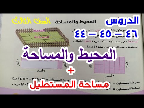 الدروس من 44 إلى 46: المحيط والمساحة، مساحة المستطيل، رياضيات الصف الثالث 