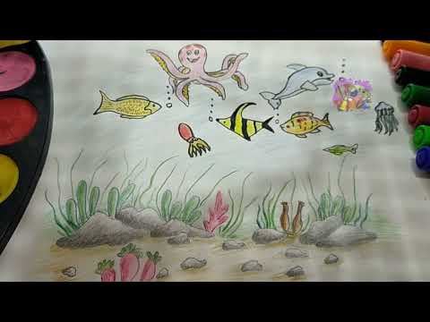موضوع رسم عن عالم البحار سهل وبسيط للمبتدئين How To Draw Underwater Fish Aquarium Drawing 