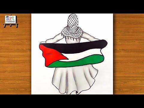 رسم سهل تعليم رسم بنت محجبة تحمل علم فلسطين خطوه بخطوه للمبتدئين رسم بنات 