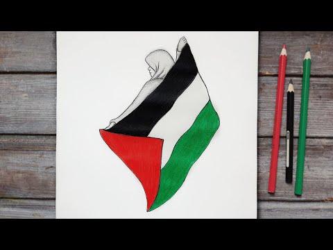 رسم سهل تعليم رسم بنت محجبة تحمل علم فلسطين خطوه بخطوه بالرصاص للمبتدئين بطريقة سهلة تعليم الرسم 