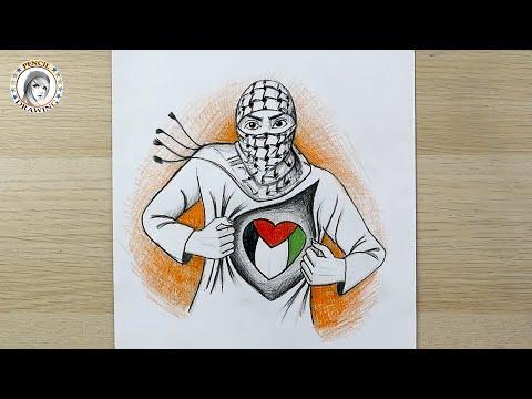 رسم عن فلسطين فلسطين علم فلسطين كوفية فلسطينية رسم عن غزة رسم بالقلم الرصاص فلسطين 