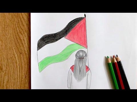 رسم سهل تعليم رسم بنت من الخلف تحمل علم فلسطين بالرصاص للمبتدئين بطريقة سهلة رسمة عن فلسطين 