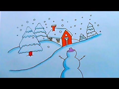 رسم فصل الشتاء منظر جميل مع الثلج رسم المطر والثلج ورجل الثلج رسم سهل 