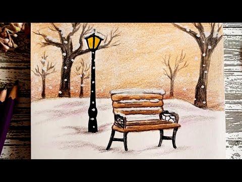 رسم منظر طبيعي بالألوان رسم منظر ثلج رسم منظر طبيعي بالألوان الخشبية Drawing Snowfall Scenery 