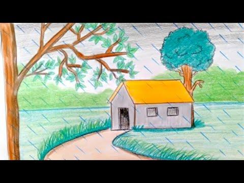 رسم سهل رسم منظر طبيعي رسم منظر طبيعي لفصل الشتاء رسم منظر طبيعي سهل 