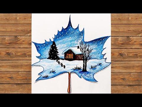 رسم سهل رسم منظر طبيعي لبيت في الثلج تعلم رسم منظر طبيعي بالألوان الخشبية Drawing A Scenery 