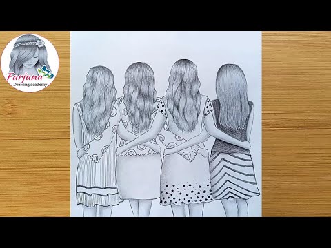 Best Friends Pencil Sketch Tutorial How To Draw Four Friends Hugging Each Other 