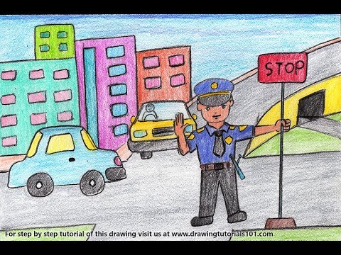 How To Draw A Traffic Policeman At Traffic Signal Scene Step By Step 