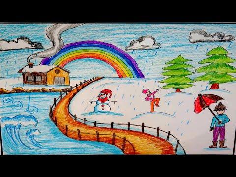 رسم منظر طبيعي لفصل الشتاء بالالوان الخشبيه رسم المطر والثلج ورجل الثلج رسم سهل 