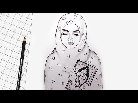 رسم بنت محجبة تحمل القرآن الكريم خطوه بخطوه سهلة للمبتدئين رسم بنات 