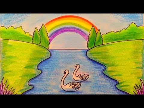 رسم منظر طبيعي رسومات سهلة وجميلة رسم سهل رسم منظر طبيعي بالالوان الخشبية تعليم الرسم 